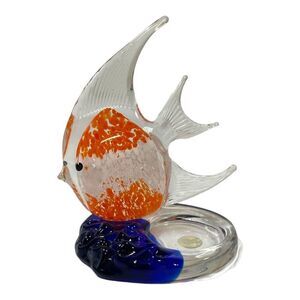 Partylite Art Glass Fish Tealight Candle Holder Bermuda Orange & Cobalt Blue
